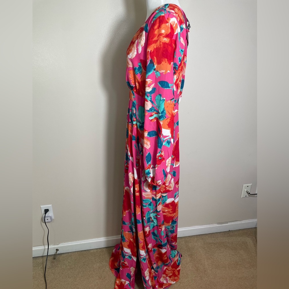 Lulus Floral Long Sleeve Maxi Dress w/ front slit - Pink and Red - Picture 2 of 5